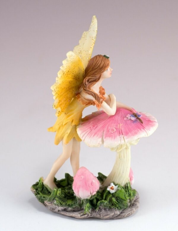 Fairy Collection~Mini Yellow Fairy Leaning On Mushroom Figurine 4.25" High Glittery Resin New!