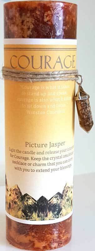 Magic Candle~Courage 6-1/4" Handmade Ritual Pillar Candle with Picture Jasper Crystal Point