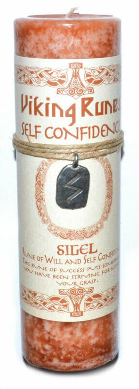 Magic Candle~Self-Confidence 6-1/2" Norse Viking Runes Pillar Candle w Sigel Engraved Pendant