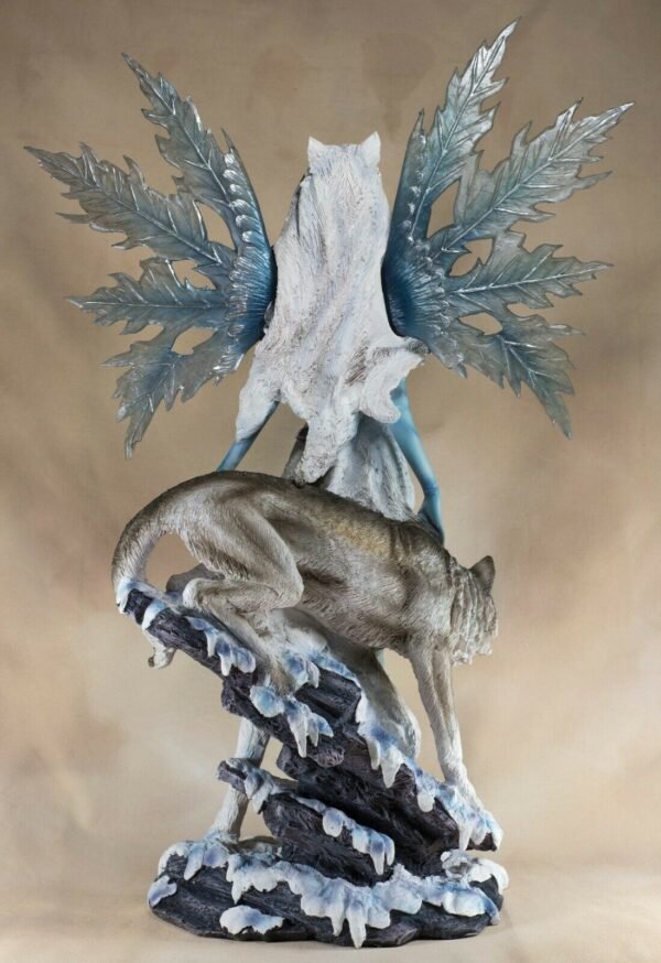 Fairy Collection~Large Scale Blue Winter Fairy With Wolf Figurine 25" High Resin Statue New!