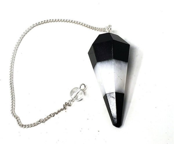 Magicun Stone~Turmuline & White Agate Pendulum w/ Chain, Faceted (Natural Crystal Stone)