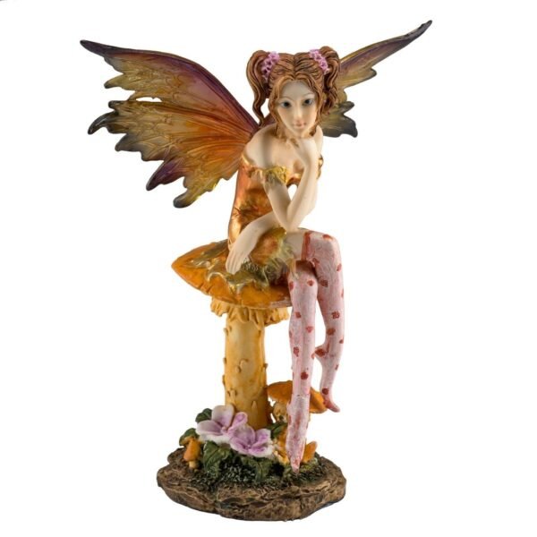 Fairy Collection~Orange and Gold Fairy Sitting On Mushroom Figurine Statue 7.5" High New In Box!