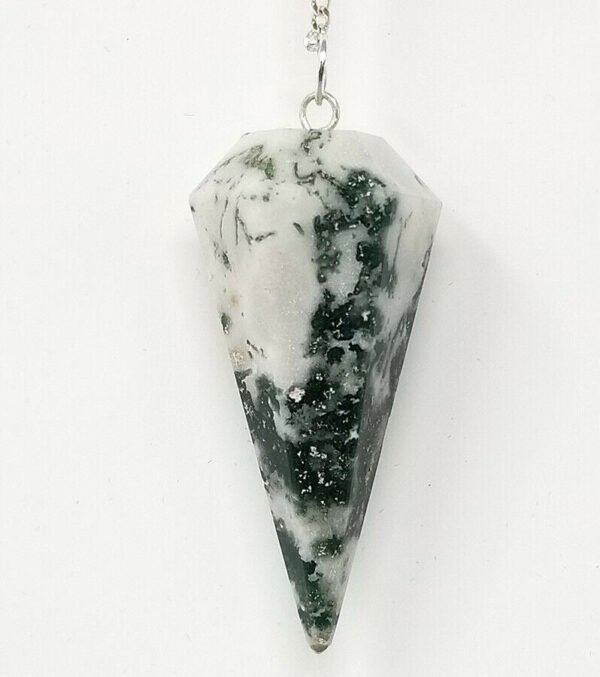 Magicun Stone~Tree Agate Pendulum with Chain, Faceted (Natural Crystal Stone)