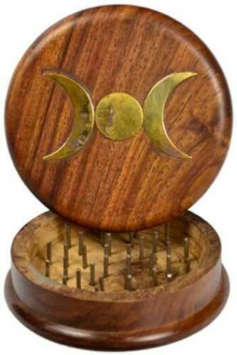 Witchcraft~Wood Tobacco Herb Spice Grinder Brass Inlayed Triple Moon Kitchen Witchery Wicca