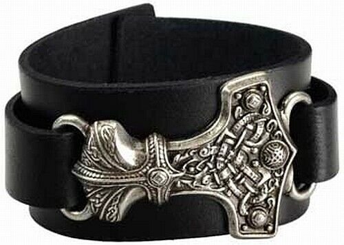 Witchcraft~THOR'S HAMMER BRACELET - Leather and Pewter - MJOLNIR 7" - 9" THUNDER SKY