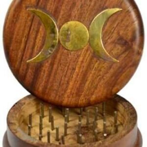 Witchcraft~Wood Tobacco Herb Spice Grinder Brass Inlayed Triple Moon Kitchen Witchery Wicca