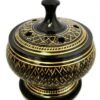 Home Fragrances ~Black Carved Brass Burner Stick Incense 3"D 3.5"H w/ Wooden Coaster & Lid