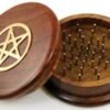 Witchcraft~Wood Tobacco Herb Spice Grinder Brass Inlayed Pentagram Kitchen Witchery Wicca