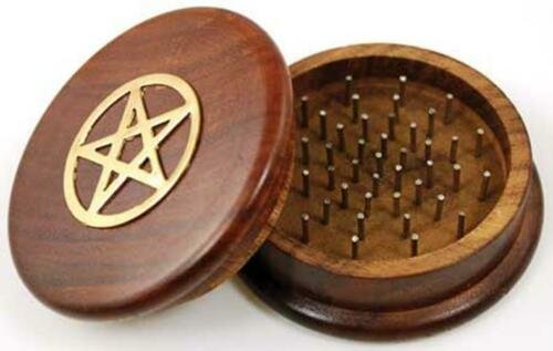 Witchcraft~Wood Tobacco Herb Spice Grinder Brass Inlayed Pentagram Kitchen Witchery Wicca