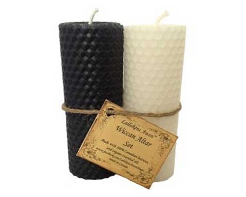 Magic Candle~Lailokens Awen Wiccan Altar Set White & Black Handmade Beeswax 4" Pillar Candles