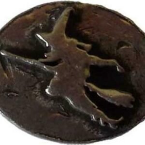 Witchcraft~Pewter Witch on Broom Pocket Stone Altar Coin Wicca Pagan Amulet Talisman Magic