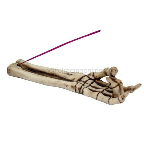 Witchcraft~Skeleton Devil Horn Hand Sign Bone Stick Incense Burner Figurine 9 1/2 Inch