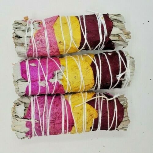 Palo Santo & Sage~10X California White Sage Smudge Sticks with Rose Petals 4" Negativity Removal