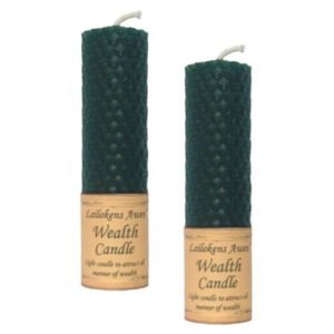 Magic Candle~2 pack Lailokens Awen WEALTH Green Handmade Beeswax 4" Magick Spell Candles