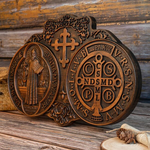 saint benedict medal , exorcism plaque, Catholic saint image, religious baptism, wood carving wall decoration gift