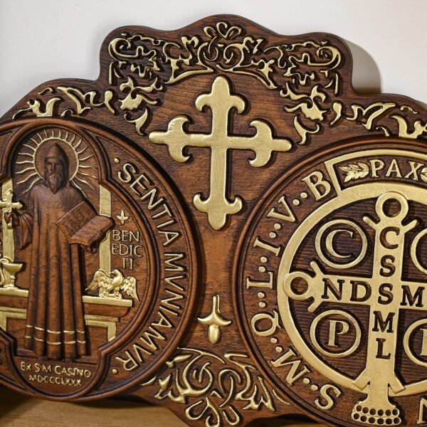 saint benedict medal , exorcism plaque, Catholic saint image, religious baptism, wood carving wall decoration gift