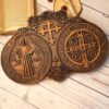 saint benedict medal , exorcism plaque, Catholic saint image, religious baptism, wood carving wall decoration gift