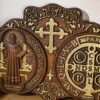 saint benedict medal , exorcism plaque, Catholic saint image, religious baptism, wood carving wall decoration gift