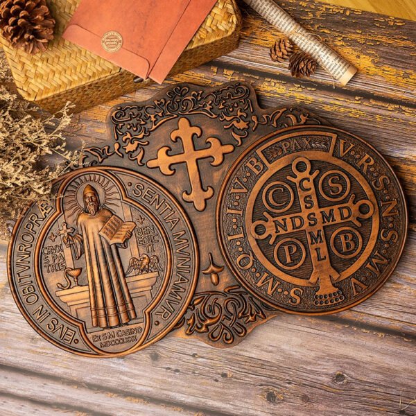 saint benedict medal , exorcism plaque, Catholic saint image, religious baptism, wood carving wall decoration gift