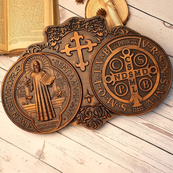 saint benedict medal , exorcism plaque, Catholic saint image, religious baptism, wood carving wall decoration gift
