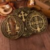 saint benedict medal , exorcism plaque, Catholic saint image, religious baptism, wood carving wall decoration gift