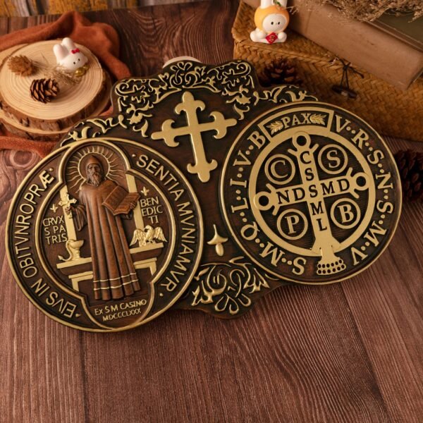 saint benedict medal , exorcism plaque, Catholic saint image, religious baptism, wood carving wall decoration gift