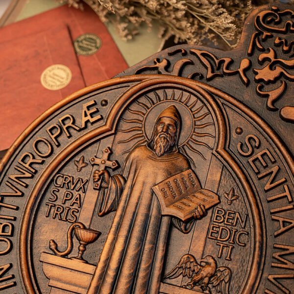 saint benedict medal , exorcism plaque, Catholic saint image, religious baptism, wood carving wall decoration gift