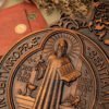 saint benedict medal , exorcism plaque, Catholic saint image, religious baptism, wood carving wall decoration gift