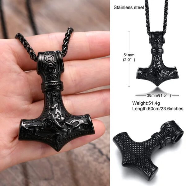 Mjolnir The Hammer of Thor Norse Pagan Symbol Pendant Necklace Stainless Steel Double Sided Dragon Design Viking Jewelry