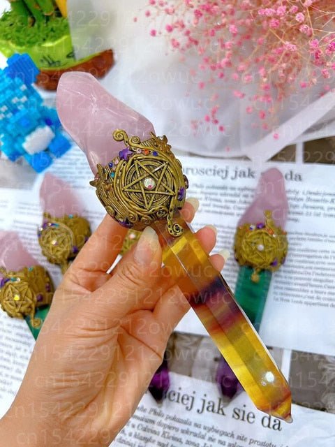 16 22cm Natural Crystal Fluorite Quartz Healing Raw Stone Handmade Magic Stick scepter Witch Craft Staff Cosplay Fairy Props| |