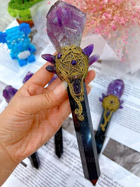 16 22cm Natural Crystal Fluorite Quartz Healing Raw Stone Handmade Magic Stick scepter Witch Craft Staff Cosplay Fairy Props| |
