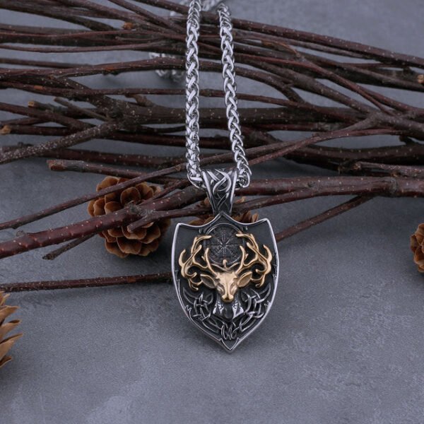 Viking Stainless Steel Mixed Gold Deer Head Shield And Signpost Vegvisir Necklace Men's Charm Amulet Pendant Viking Jewelry Gift - Necklace
