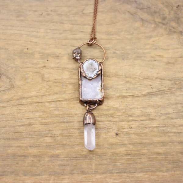 Antique Copper Soldered Dangling Tassel Pendants Raw Kyanite Quartz Geode Druzy Vintage Buddha Necklaces Man Boho Jewelry,QC3221