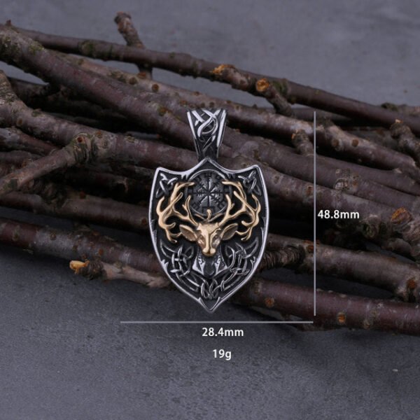Viking Stainless Steel Mixed Gold Deer Head Shield And Signpost Vegvisir Necklace Men's Charm Amulet Pendant Viking Jewelry Gift - Necklace