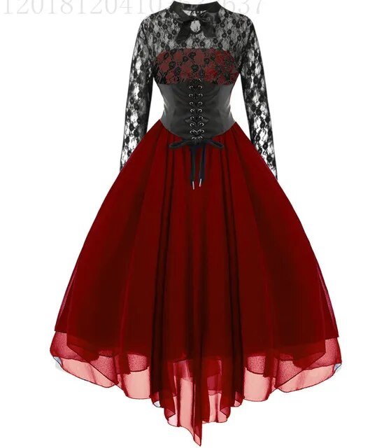 Women Gothic Punk Vintage Party Dresses Sleeveless Cross Back Lace Patchwork Halter Lace Up Court Corset Swing Dress