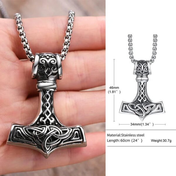 Mjolnir The Hammer of Thor Norse Pagan Symbol Pendant Necklace Stainless Steel Double Sided Dragon Design Viking Jewelry