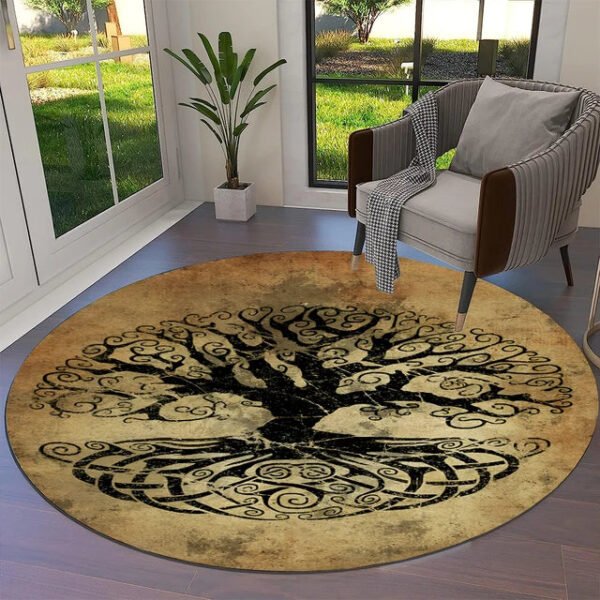 Transform Your Space with the Power of Norse Mythology: Tree of Life Valknut Round Rug