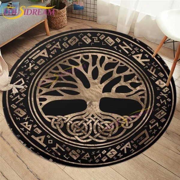 Embrace Norse Elegance: Tree of Life Rune Pattern Round Rug - Enhance Your Living Space with Vibrant Rainbow Print - Perfect for Viking Home Decor & Cozy Floors