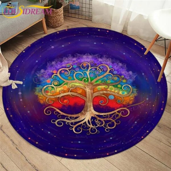 Embrace Norse Elegance: Tree of Life Rune Pattern Round Rug - Enhance Your Living Space with Vibrant Rainbow Print - Perfect for Viking Home Decor & Cozy Floors