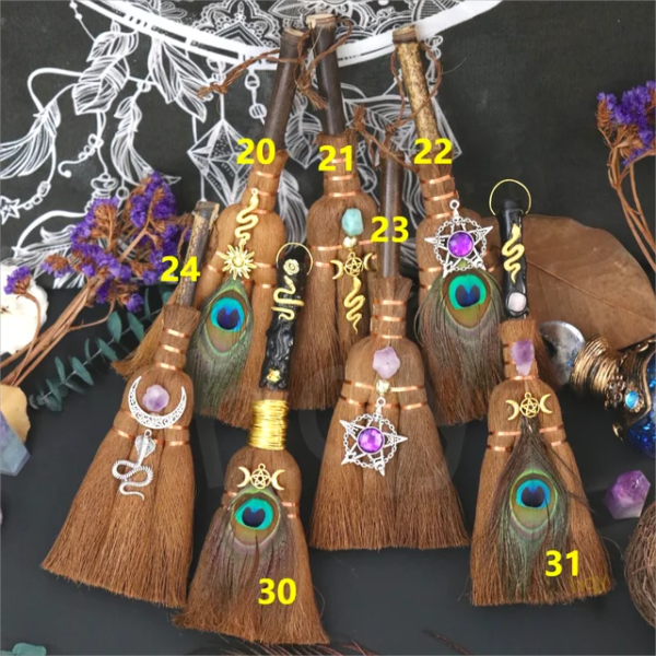 Crystal feather broom three-phase moon quartz pendant amethyst witch altar decoration festival decor magic gift