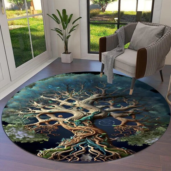 Transform Your Space with the Power of Norse Mythology: Tree of Life Valknut Round Rug