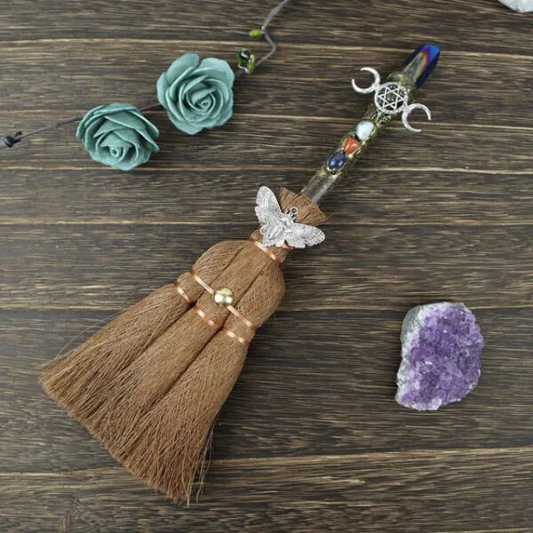 Crystal feather broom three-phase moon quartz pendant amethyst witch altar decoration festival decor magic gift