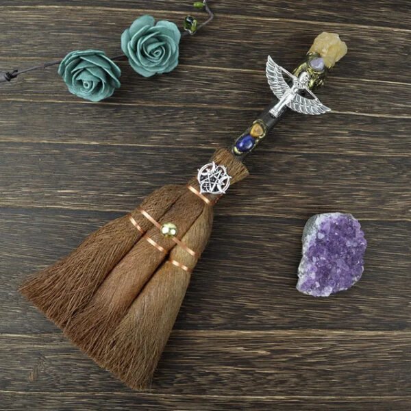 Crystal feather broom three-phase moon quartz pendant amethyst witch altar decoration festival decor magic gift