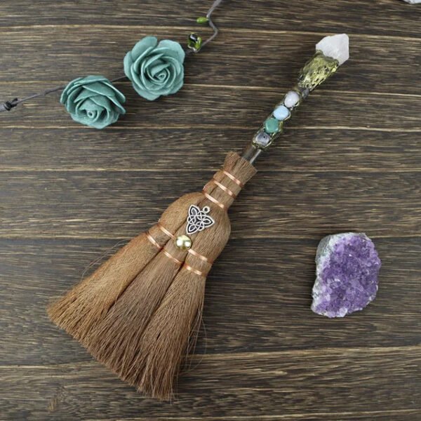 Crystal feather broom three-phase moon quartz pendant amethyst witch altar decoration festival decor magic gift
