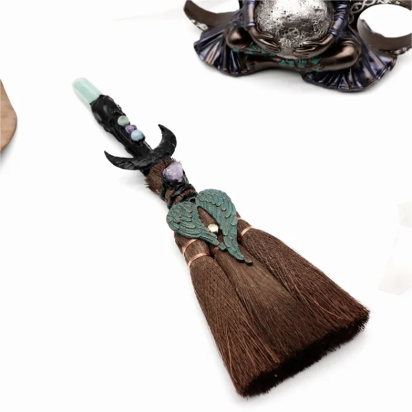 Crystal feather broom three-phase moon quartz pendant amethyst witch altar decoration festival decor magic gift