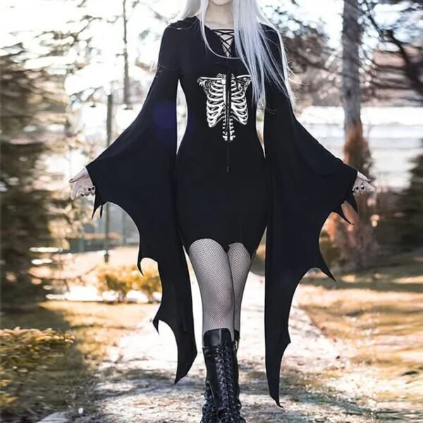 Women's Gothic Dress Batwing Sleeve Halloween Goth Dress Sexy Party Long Sleeve Black Saints Day Bodycon Dresses Cosplay Dress