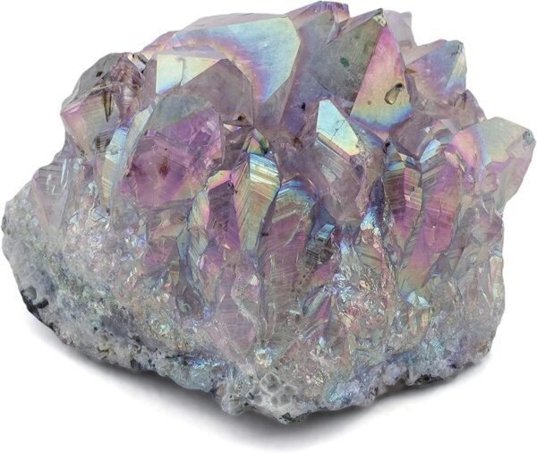 KALIFANO Angel Aura Quartz Geode - Titanium Bonded High Energy Crystal Cuarzo Cluster/Druzy with Information Card - Natural Reiki Rock Used for Clarity and Purpose (Family Owned and Operated)