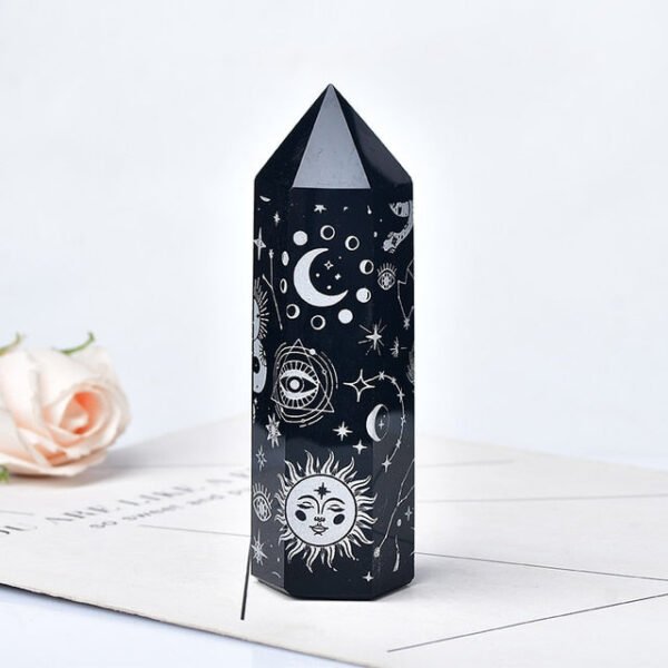 Natural Obsidian Crystal Tower Plated With Gold Star Moon Pattern Point Wand Healing Stone Energy Quartz Home Decoration Reiki - Stones
