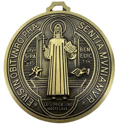 EXTRA LARGE 5 INCH ST BENEDICT CROSS MEDAL VINTAGE BRASS TONE FINISH FOR WALL OR DESK DISPLAY/MEDALLA DE SAN BENITO