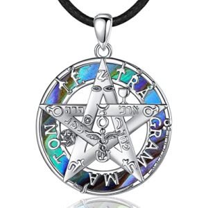Vito Sterling Silver Tetragrammaton Necklace for Women Men, Abalone Shell 18k Gold Plated Pentagram Pendant, Wiccan Protection Amulet Pentacle Star Jewelry Gift for Wife Husband, 24"/18"/22"